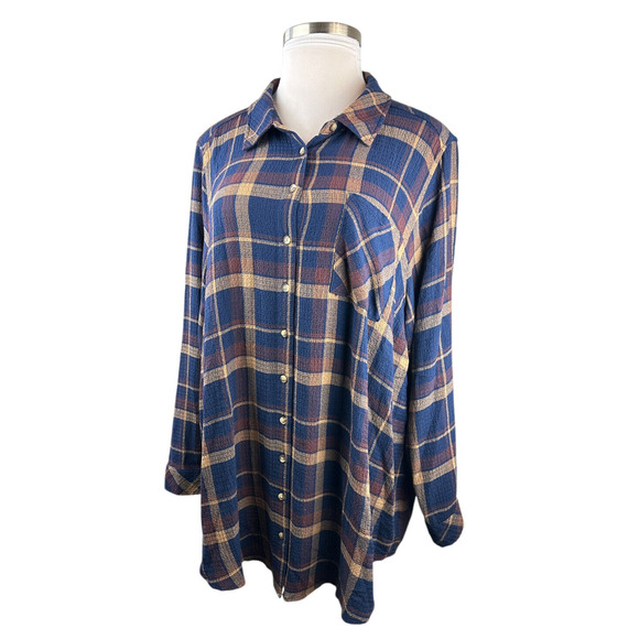 Torrid Lizzie Crinkle Flannel Gauze Button Up Tunic Navy Plaid Plus Size 4 4X - Picture 3 of 16